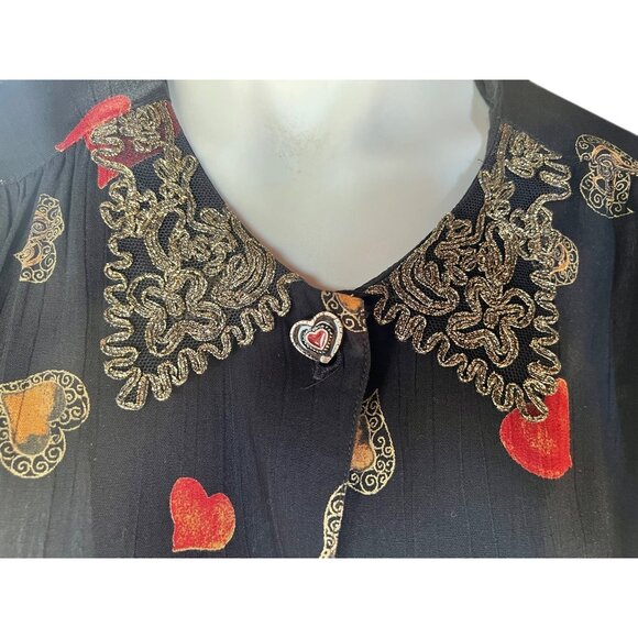 Carole Little Women's Size 14 Blouse Heart Pattern & Buttons Rayon VTG 1990s Blk - Picture 2 of 8